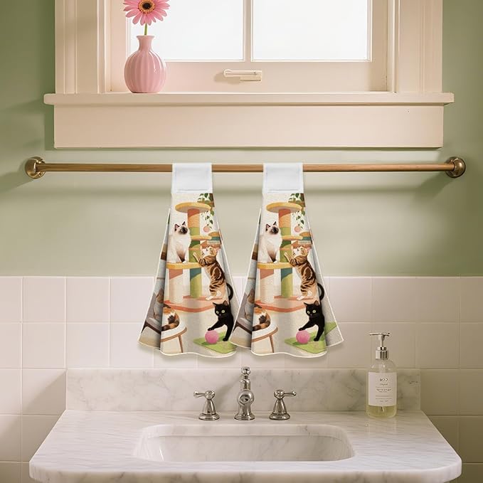 CUTHOLLOW Cat Play and Flowers Hanging Kitchen Towels with Loop, Set of 2 - Soft & Super Absorbent Microfiber Decorative Hanging Dish & Hand Towel, Tea, Coffee Towel for Kitchen Bathroom Oven Handle