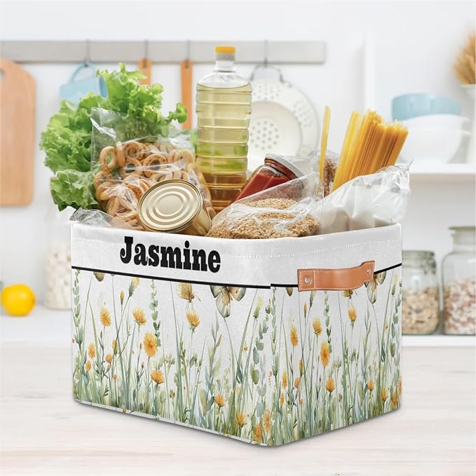 Personalized Foldable Spring Floral Storage Basket with Name for Boys, Laundry Hamper Dirty Clothes Pet Toys Storage Bin with Handles for Shelf Home Closet, Spring Wild Floral Butterfly Watercolor