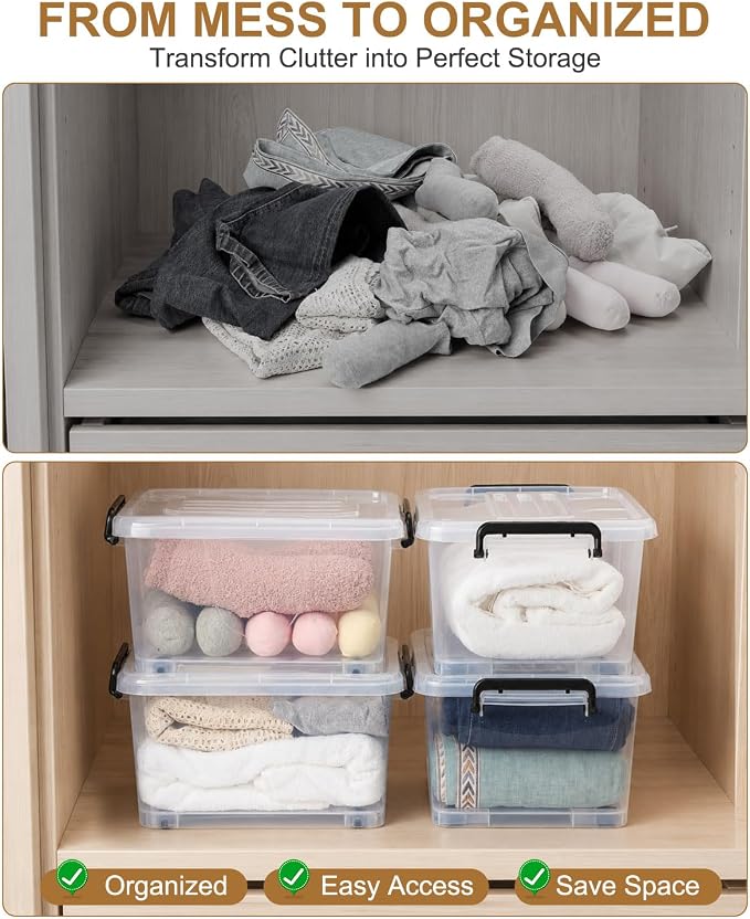 NUMIFUN 15QT Storage Bins with lids, Stackable Space Saver for Family | 4-pack BPA-free plastic boxes with secure latches. Deep recessed lids ensure safe stacking for closet & garage storage.