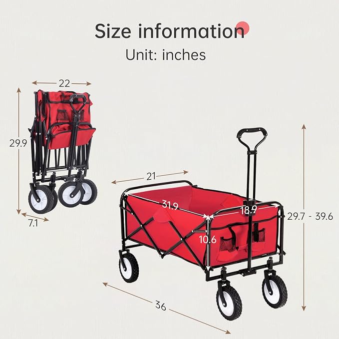 FDW Collapsible Wagon Folding Beach Grocery Garden Cart with 4 Universal Wheel for Shopping Park Picnic, Trip, Outdoor Activities, Camping(Red)