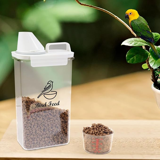 Bird Seed Storage Container Airtight | 3 Qt/2.5 L Clear Plastic Bird Food Container Portable-with Measuring Cup/Lid|Pet Food Storage Container |Wild Bird Seed Dispenser|BPA Free