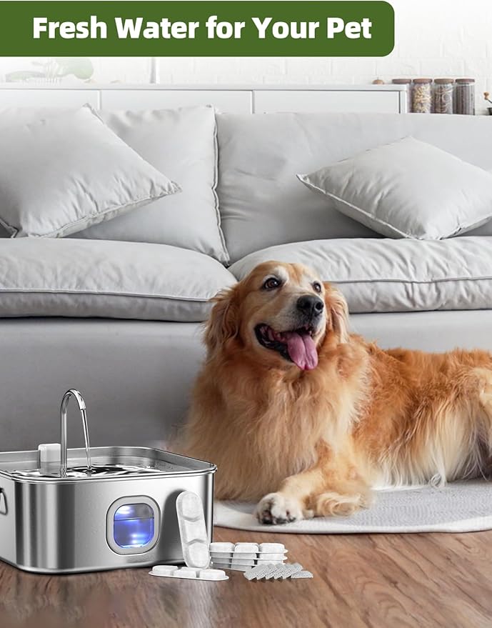 Dog Water Fountain Stainless Steel, 12L&16L Large Pet Water Fountain for Dogs, Dog Water Bowl Dispenser with Water Level Window & LED Light, Super Quiet for S-L Dogs and Multi-Pet (18pcs Filters)
