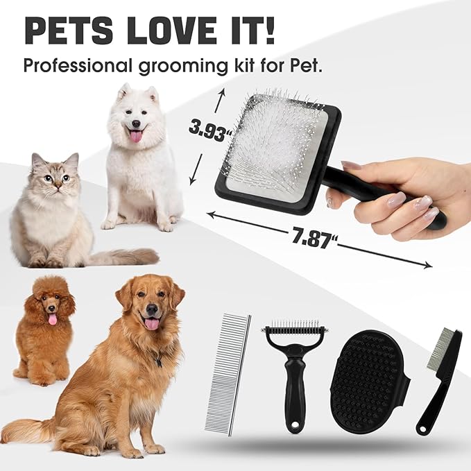 Bonteck Dog Slicker Brush for Dogs Grooming Kit 4PCS | Large Dog Brush for Goldendoodles Poodles Doodles | Long Pin Haired Brush | Poodle Brushes and Comb (Black)