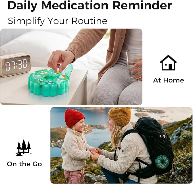 LANDNEOO Weekly Pill Organizer 2 Times a Day, Cute Double-Sided AM PM Pill Case 7 Day, Blue Travel Pill Box for Medication, Vitamins, Fish Oils, Supplements - Turquoise