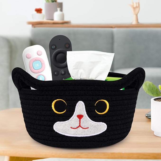 Cat Basket for Nursery, Small Storage Basket,Black Woven Rope Cotton Basket | Baby Blanket Bin with Cat Ears Handles, Animal Blanket Towel Halloween Decor Storage Bins, 8.2" x 4.7" IN