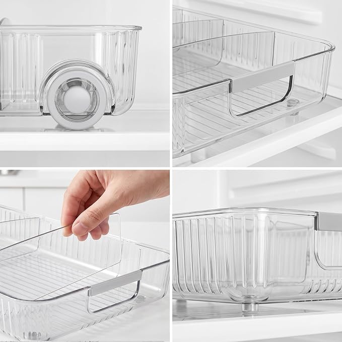 Pull Out Fridge Organizer Bins with Wheels, 8 Dividers, 2-Pack | Clear PET storage bins with handles, rear wheels and adjustable dividers for refrigerator, pantry and cabinet shelves