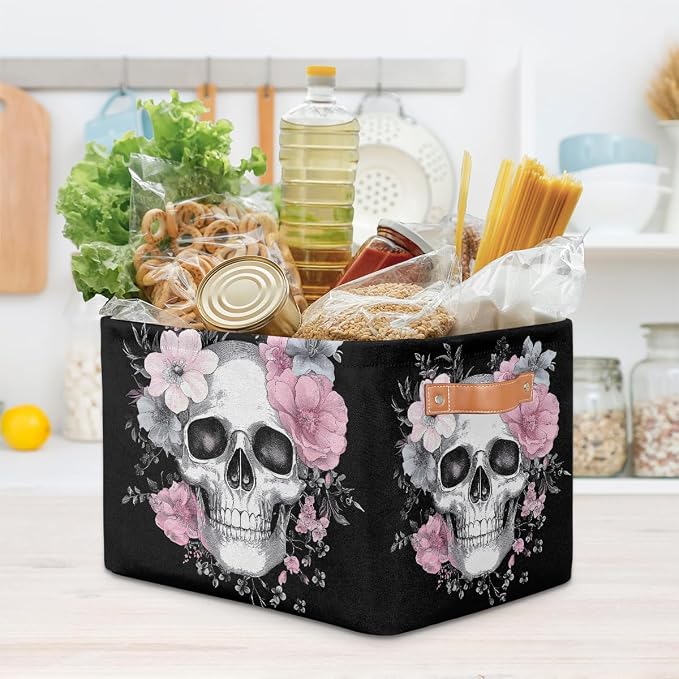 SEULIFE Floral Sugar Skull Flower Halloween Foldable Storage Basket, Large Collapsible Organizer Storage Bin Cube Toys Storage Boxes with Handles for Bathroom Kids Nursery Closet Storage, 1 Pack