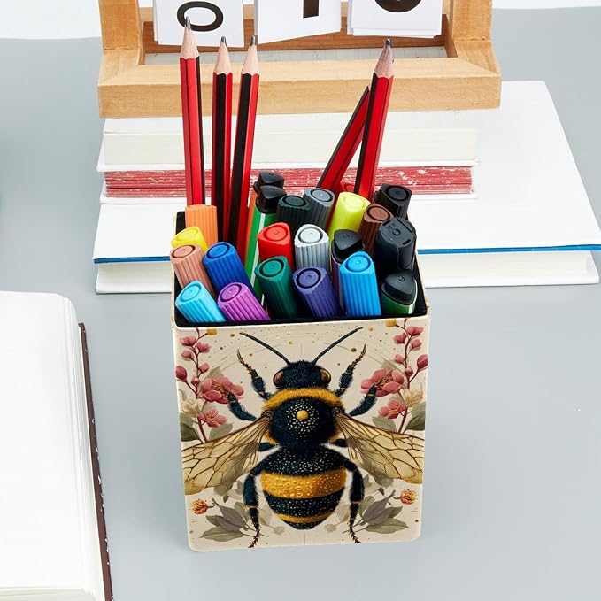 Flower and Bee Pen Holder for Desk Decor, Rectangular PVC Leather Pencil Cup for Desk Pen Organizer, Makeup Brush Holder for School, Home, Office
