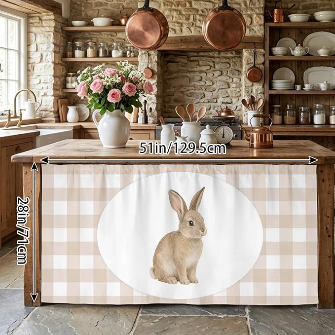 Rabbit Plaid Cabinet Curtains 28"x51" Sink Skirt for Bathroom Kitchen, Modern Farmhouse Checkered Rustic Animal Self Stick Adhesive Under Desk Covers Tall Laundry Cabinet Storage Organizer