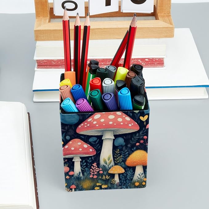 Mushroom Pen Holder for Desk Decor, Rectangular PVC Leather Pencil Cup for Desk Pen Organizer, Makeup Brush Holder for School, Home, Office
