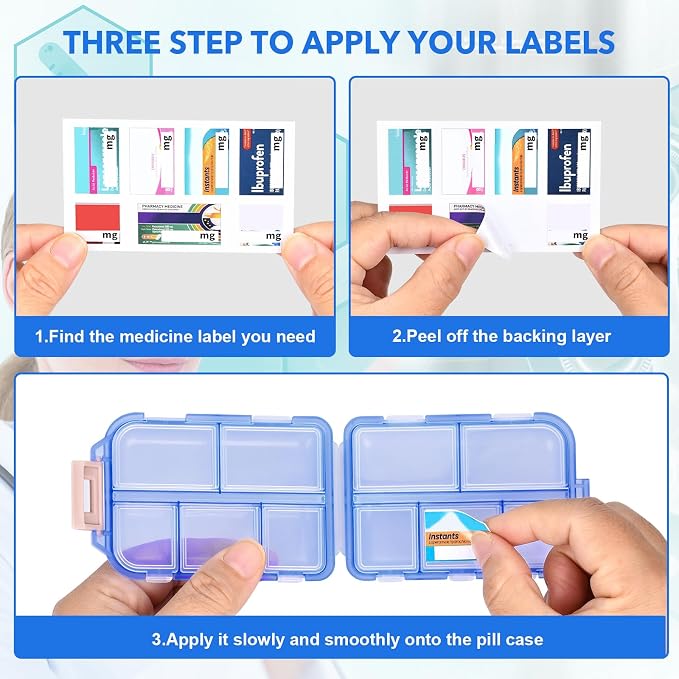 Large Travel Pill Organizer with 189 Stickers, 10 Compartments Travel Medicine Organizer Travel Pill Box Pill Case for Purse Airplane Car Nurse Vacation Essentials (Blue, 1 Pack)