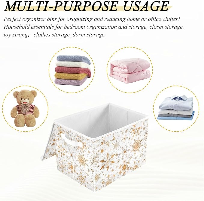 senya Christmas Baskets Collapsible Storage Bins with Lids, Seamless Gold White Snowflakes Storage Boxes Clothes Baskets for Organizing