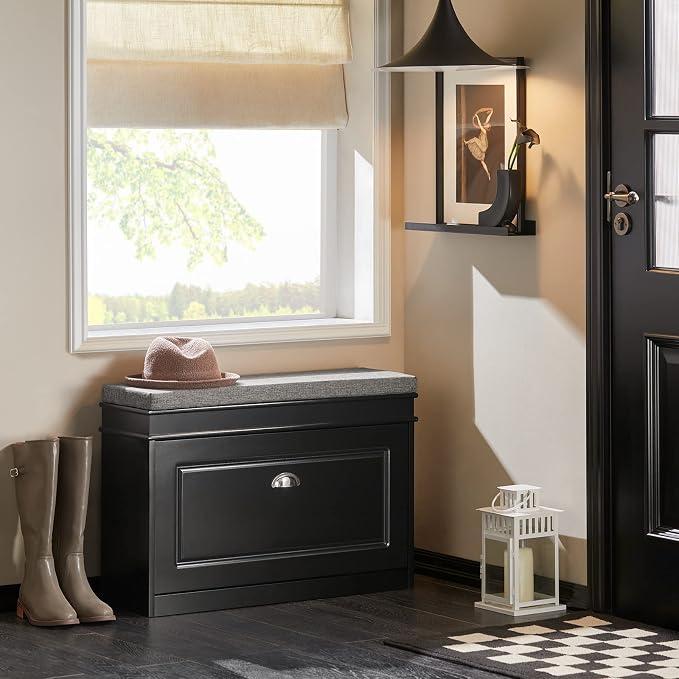 Haotian Shoe Storage Bench with Cushion | Black Narrow Shoe Rack for Entryway, Small Shoe Cabinet with Flip-Drawer, Closet Hallway Mudroom FSR82-L-SCH