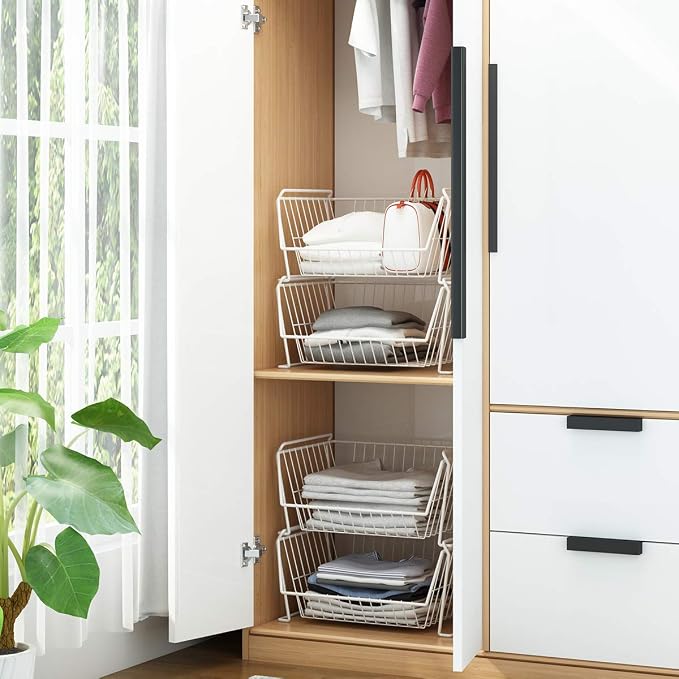 PUSDON 4-Tier Spacious Stackable Wire Storage Baskets with Wheels, Metal Rolling Utility Cart, Produce Basket for Pantry, Bathroom Organizer Shelf, Classic White