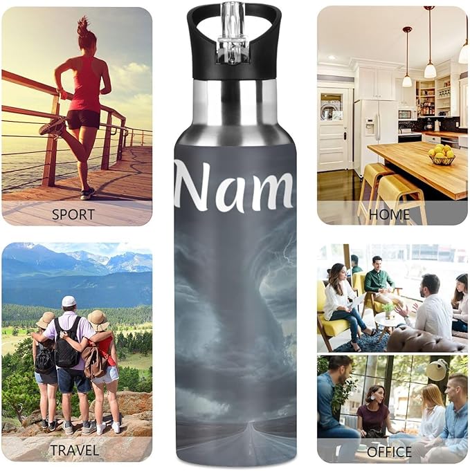 Custom Name Tornado Print Water Bottle with Straw Lid Kids Insulated Stainless Steel Water Flask Sports, 20 Oz Hot Cold