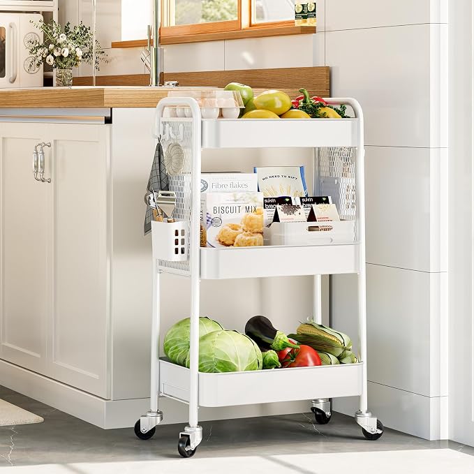 TOOLF 3 Tier Rolling Cart, Metal Utility Storage Cart with Pegboard, White | 2 Bins & 4 Hooks, Screwless Assembly, Lockable Wheels, Trolley Organizer for Bathroom, Kitchen, Office, Dorm, Craft Room