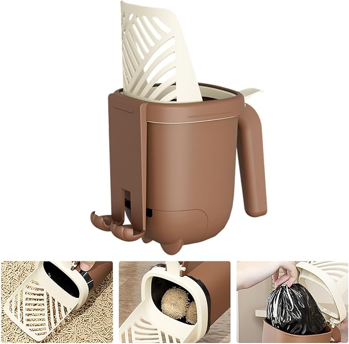 Cat Litter Shovel Scoop with Bag, Cat Litter Shovel with Storage Bucket, Removable Cats Litter Scoop, Bin Doubles as Scoop Holder, Large Capacity Cats Scooper Portable Shovel (Coffee)