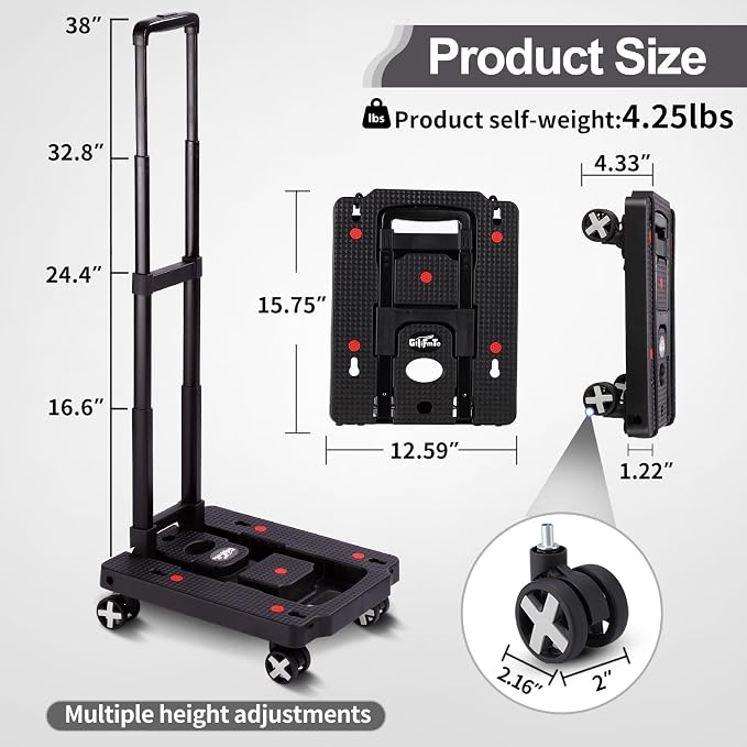 GtIiFmTe Foldable Hand Truck, Lightweight Luggage Cart for Airport Car Seat | Compact Folding dolly with Rotating swivel wheel,storage size12×15.7×4.1",300lbs Load,Upright Lock Handle with 3bungee cords