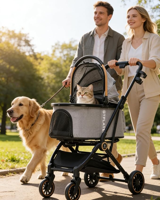 GTPLAYER Pet Stroller for Small Dogs and Cats, One-Click Foldable, Detachable Carrier, Breathable Mesh, 45 lbs Capacity, 2 Safety Leashes, Storage Basket & Cup Holder, Light Gray