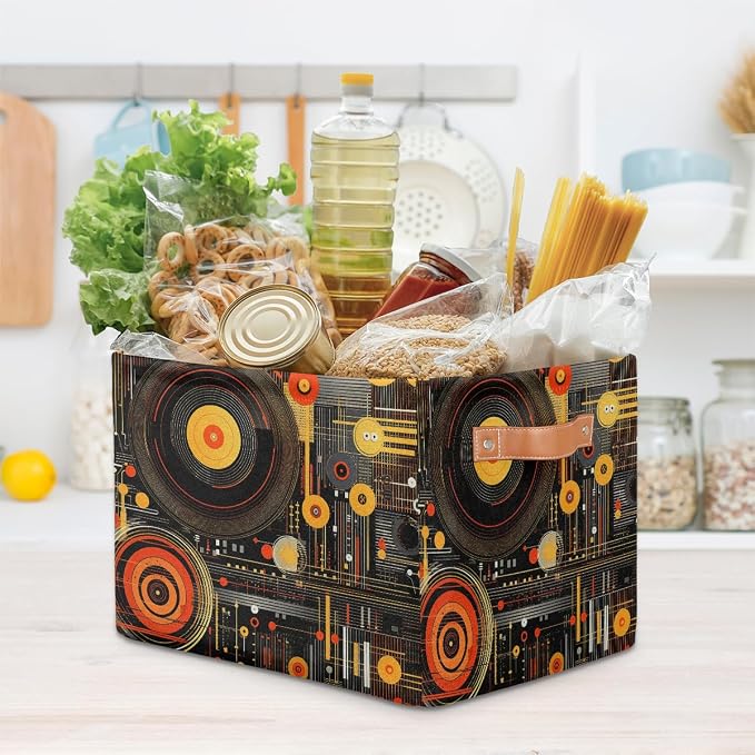 OSAM SPACE Storage Basket Bin Vintage Record Cassette Tapes Rectangular Storage Basket Cube With Handles, Laundry Storage Organizer Basket for Toy Nursery Closet Shelves Bedroom Home
