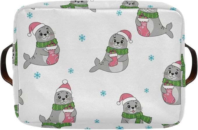 Christmas Seal White Print Rectangular Storage Bin Basket with Handles - Organizer Bin for Books Clothes Laundry Basket for Pets Playroom