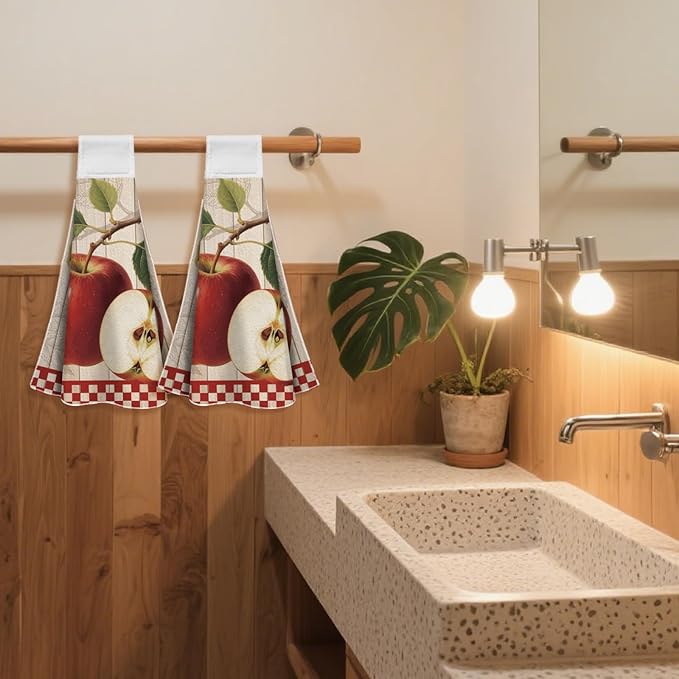 CUTHOLLOW Retro Apples Hanging Kitchen Towels with Loop, Set of 2 - Soft & Super Absorbent Microfiber Decorative Hanging Dish & Hand Towel, Tea, Coffee Towel for Kitchen Bathroom Oven Handle
