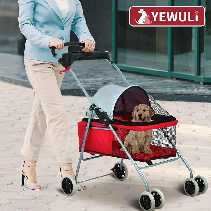 HGS Pet Cat Dog Stroller 4 Wheels Jogger Puppy Travel Carrier Portable Doggie Cage Strolling Cart with Cup Holders, 35Lbs Capacity Folding Waterproof Strolling Cart for Medium Dogs Cats Pet, Red