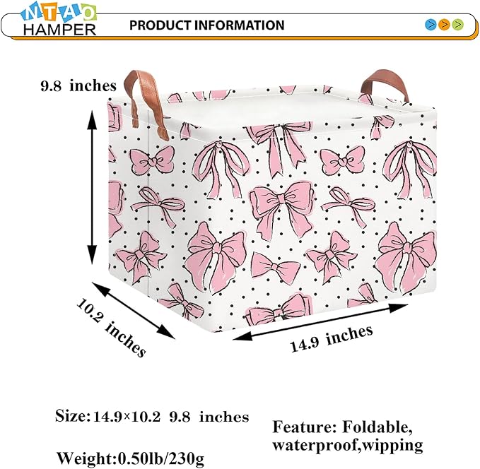 NTAOHAMPER Rectangular Storage Basket Empty,Storage Bin with Handles,Room Decor,Gift Basket,Book Box(Hand-drawn Bowknot)