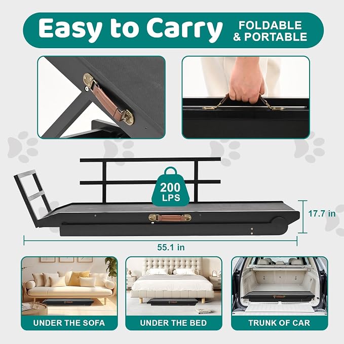 Dog Ramp for Bed & Couch, Foldable Wooden Pet Ramp, 5 Adjustable Heights | Height up to 27.5", Portable Dog Ramp with Non-Slip Rubber Surface & Safety Railings, Pet Ramp for Small, Large, Senior Dogs