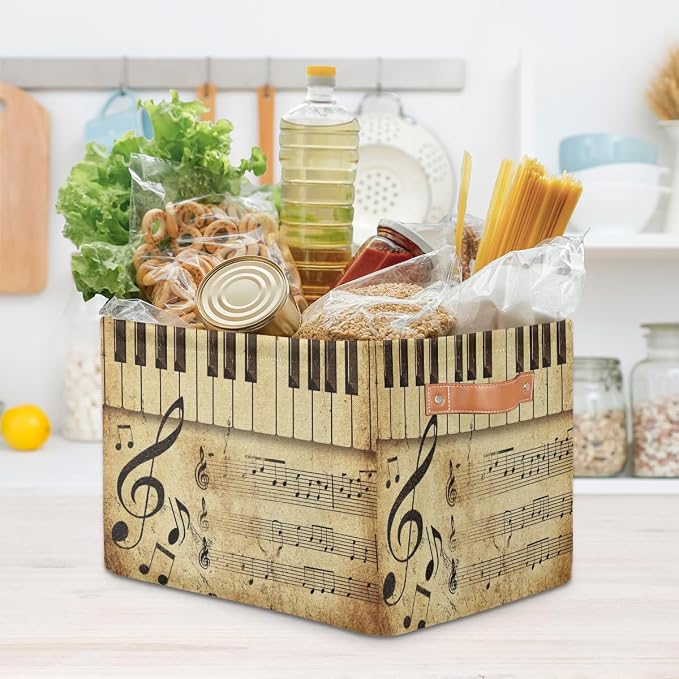 AUUXVA Vintage Storage Baskets Music Note Storage Bins Piano Key Storage Cube Box Collapsible Canvas Book Basket Organizer Bin with Handles for Shelf Closet Bedroom Home Office, 2 Pcs
