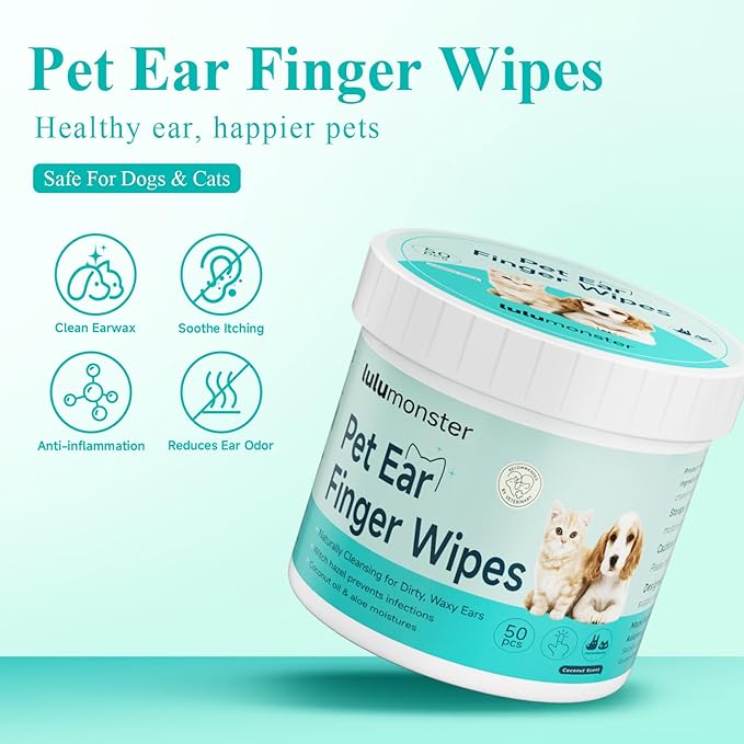 Dog & Cat Ear Cleaner Finger Wipes, Vet‑Recommended for Dog Ear Infection Relief, Itching & Inflammation, Remove Wax Dirt, Stop Smelly, Non‑Irritating, 50ct (Coconut Scent)