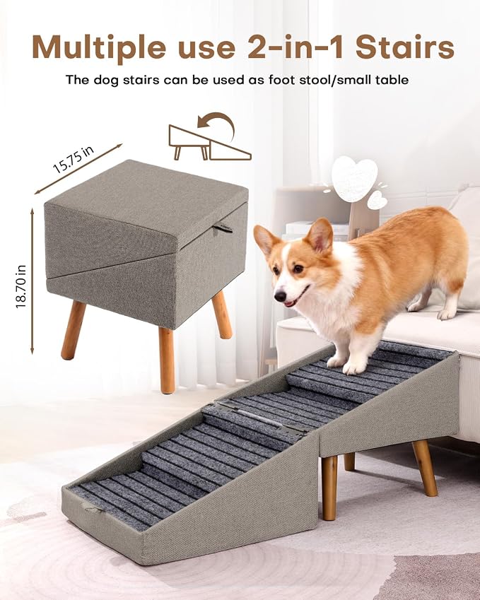Dog Ramp for Bed & Couch, Dog Stairs 21.06 inches High for Large/Medium/Small Doggie,Split Ottoman Foldable 2 in 1 Wooden Pet Steps for Older and Injured Dogs, No-Slip Surface (17.13" H-Hemp Green)