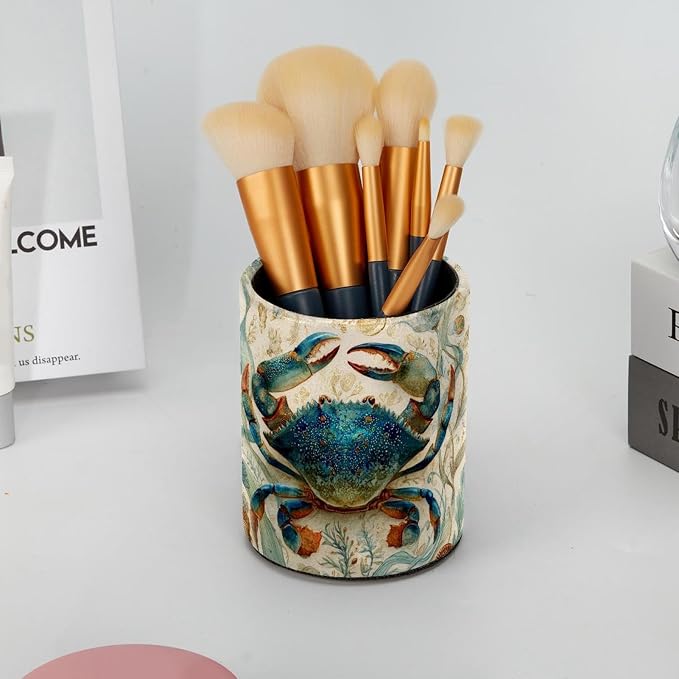Faux Leather Pen Holder for Desk, Pencil Organizer Blue Crab Pen Cup Desk Decor Makeup Brush Holder Storage for Office Home