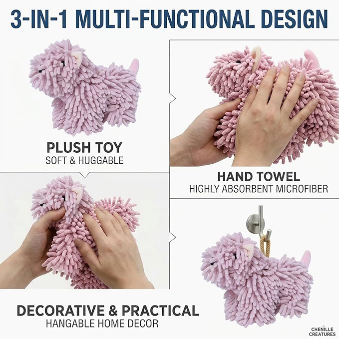 Cute Dog Chenille Hand Towel, 3D Puppy Hangable Fuzzy Ball Hand Towel Microfiber Super Soft Absorbent Bathroom & Kitchen Towels with Hanging Loop, Can Be Placed on the Sink Countertop (Pink+Green)