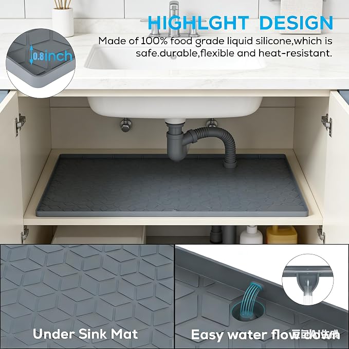 Under Sink Mats 14"x22" for Kitchen, Silicone Waterproof Liner, Sink Silicone Tray with Drain Hole, Storage and Organizers, Cabinet and Counter Protector,Litter Mat, Pet Cat Puppy Essentials