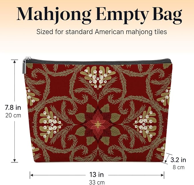 Vintage Red Floral Empty Mahjong Tile Bag 13x7.8 Inch, | Chinoiserie Printed Portable Travel Case Organizer Zipper Pouch for American Mahjong Tiles Game Night Accessories and Gifts