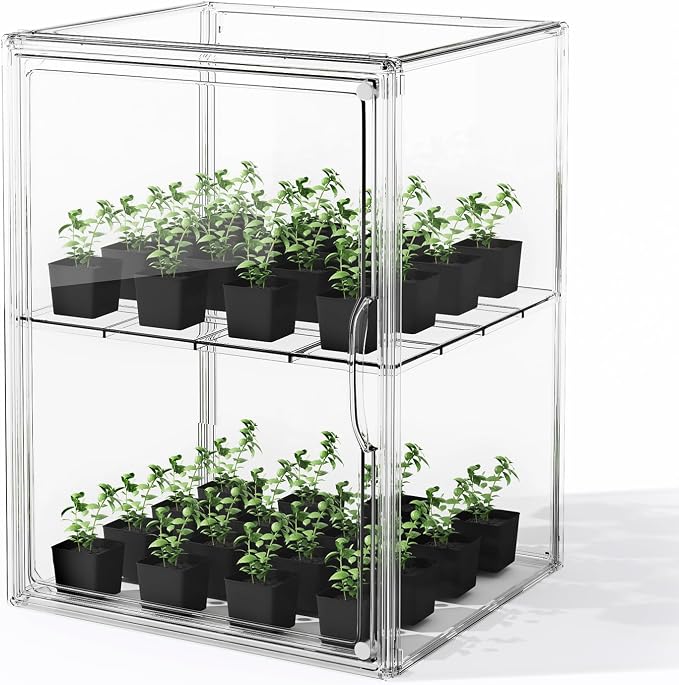 HOYOJA Clear Acrylic Display Case, Super Large Stackable Storage Bins, Acrylic Box with Compartment Divider Clear Mini Greenhouse for Indoor, Small Green House with Magenetic Door