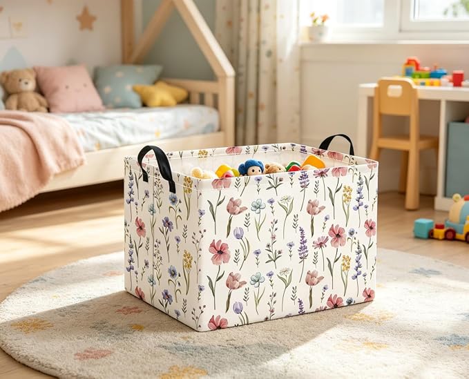 Rectangular Baby Kids Storage Basket for Home Kitchen Girls Cute Toy Storage Bin Organizer Shelf Book Room Decor(Flower)