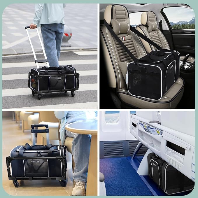 Small Pet Carrier 18"x11"x11" with Wheels Airline Approved, Black | for Delta/American/United Airlines, Lockable Safety Zippers and Anti-Scratch Mesh, Pets Under 10 lbs