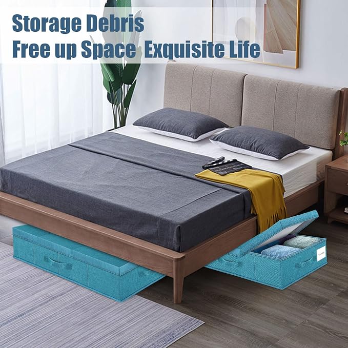 Supowin 2Pack Large Underbed Storage Containers Bin with Lids, Cyan Blue | 6 Inches Tall Under Bed Storage Organizer Box with Handles, Foldable Closet Organizer for Clothes, Blankets, Seasonal Items