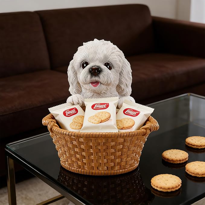 White Poodle Candy Bowl, Resin Dog Figurine Key Bowl for Entryway Table, Desktop Storage Basket Organizer for Desk, Unique Dog Lover Gift