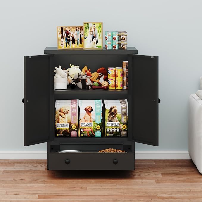 Dog Feeding Station with Storage, Metal Dog Food Storage Cabinet with 2 Elevated Bowls and 3 Hooks, Pet Feeding Station and Dogs Food Storage Organizer