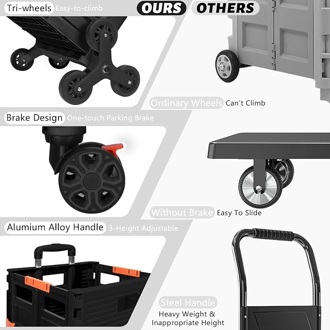 FELICON SELORSS Folding Utility Climber Cart Portable Rolling Crate-Black | Stair Climbing Wheels+360°Swivel Wheels,Telescoping Handle,Plastic Box Dolly for Travel Shop Move Laundry Office Teacher Use