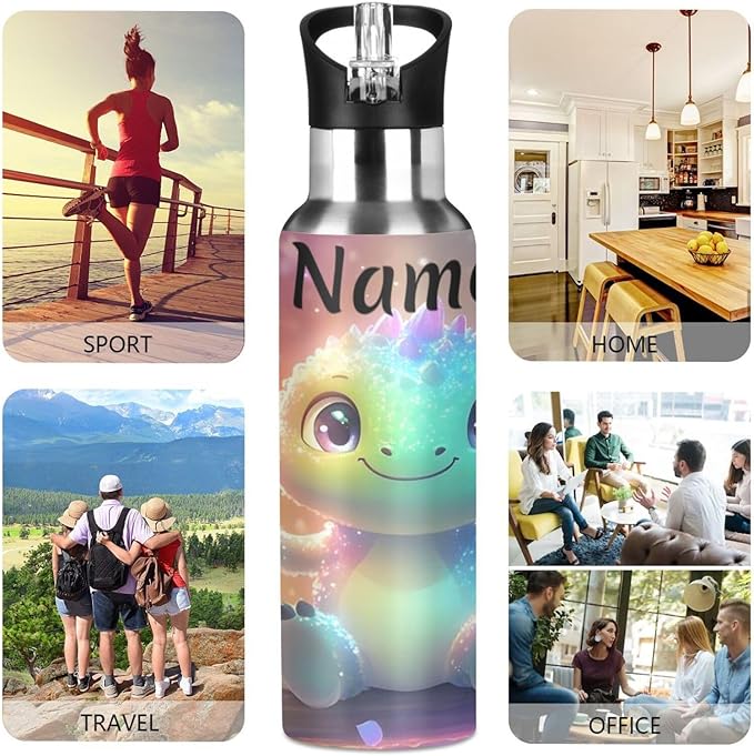 Custom Name Swing Dinosaur Water Bottle with Straw Lid Kids Insulated Stainless Steel Water Flask Sports, 20 Oz Hot Cold