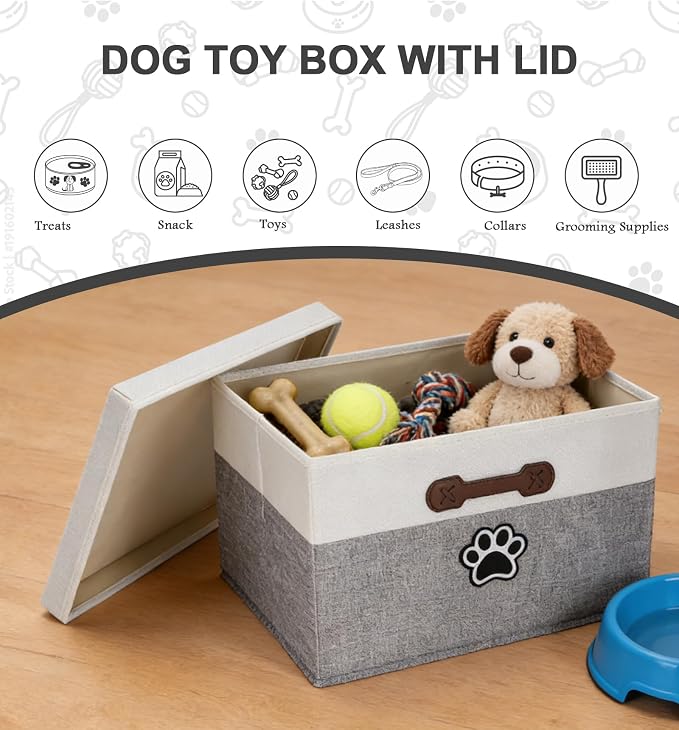 Dog Toy Basket with Lid, Fabric Dog Toy Box with Handle, Collapsible Dogs Cat Toys Storage Bins,Pet Storage and Orgnizer-White/Gray