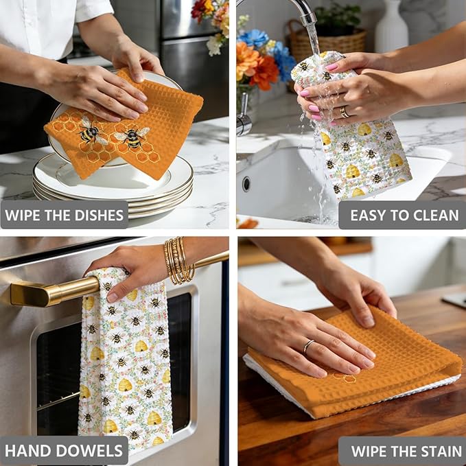 2PCS Bee Honeycomb Kitchen Towels 14x24 Inch, Absorbent Microfiber Decorative Dish Cloth Tea Towel, Bee Flower Waffle Hand Towels for Kitchen Home Bathroom, Bee Lover Gifts for Women