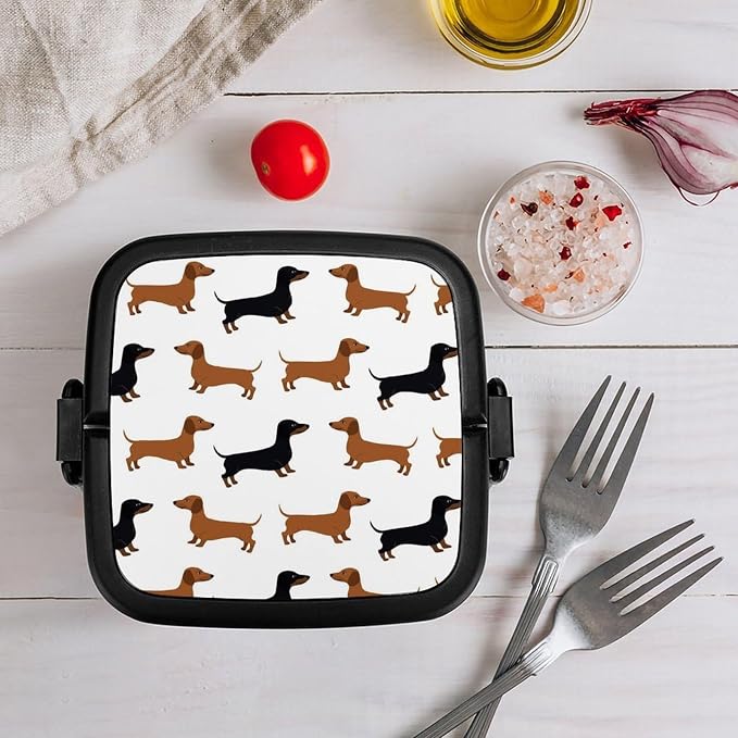 Dachshund Weiner Pet Dogs Double Layer Bento Box, 1000ml Stackable Leakproof Lunch Container with Spoon, Portable 2-Tier Food Storage Box for Office Work Picnic Camping and Travel