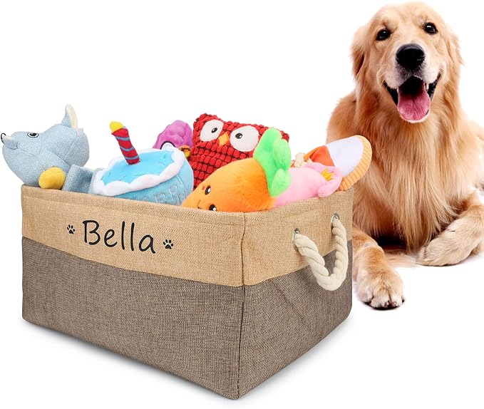 Personalized Dog Toy Storage Basket Bin Collapsible Customized Pet's Name Storage Box Organizer for Dog Toys、Dog Clothing、Dog Apparel & Accessories(Coffee-M)
