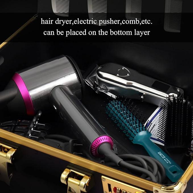 Barber Case Clipper Bag Gold, Hair Kit Tool Box Aluminum Organizer with Portable Handle and Secure Numlock for Scissors, Clippers, Barber Supplies 15.7" x 12" x 6.1"