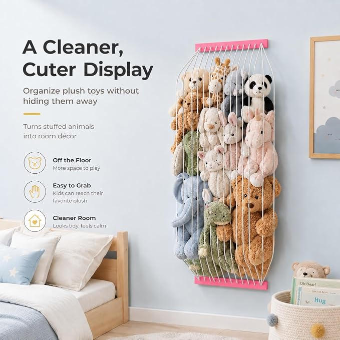 Stuffed Animal Storage Wooden Soft Toy Storage for Kids Room,Wall Mount Door Hanging Stuffed Animal Toy Organizer Shelf for Nursery Play Room Pink -Patent